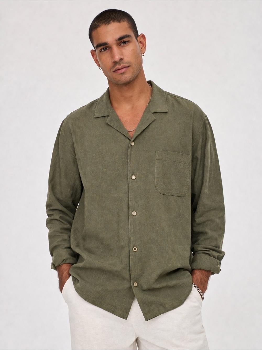 ASOS DESIGN Linen Olive Green Blend Button Down Shirt 2XL Casual Camp Collar